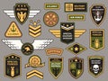 Army badges. Military patch, air force captain sign and paratrooper insignia badge vector patches set