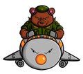 The army bear is flying with the super jet bird