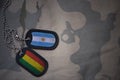 army blank, dog tag with flag of argentina and bolivia on the khaki texture background.