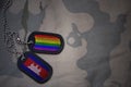 army blank, dog tag with flag of cambodia and gay rainbow flag on the khaki texture background.