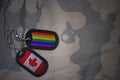 army blank, dog tag with flag of canada and gay rainbow flag on the khaki texture background.