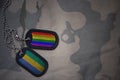 army blank, dog tag with flag of gabon and gay rainbow flag on the khaki texture background.