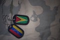 army blank, dog tag with flag of guyana and venezuela on the khaki texture background.