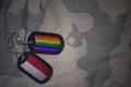 army blank, dog tag with flag of indonesia and gay rainbow flag on the khaki texture background.