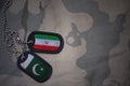 army blank, dog tag with flag of iran and pakistan on the khaki texture background.