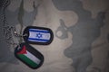 army blank, dog tag with flag of israel and palestine on the khaki texture background.