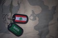 army blank, dog tag with flag of lebanon and saudi arabia on the khaki texture background.