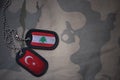army blank, dog tag with flag of lebanon and turkey on the khaki texture background.