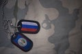 army blank, dog tag with flag of russia and belize on the khaki texture background.