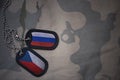 army blank, dog tag with flag of russia and czech republic on the khaki texture background.