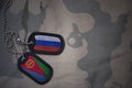 army blank, dog tag with flag of russia and eritrea on the khaki texture background.