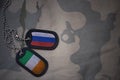 army blank, dog tag with flag of russia and ireland on the khaki texture background.