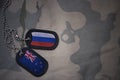 army blank, dog tag with flag of russia and new zealand on the khaki texture background.