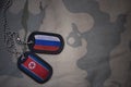 army blank, dog tag with flag of russia and north korea on the khaki texture background.