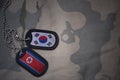 army blank, dog tag with flag of south korea and north korea on the khaki texture background.
