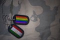 army blank, dog tag with flag of tajikistan and gay rainbow flag on the khaki texture background. Royalty Free Stock Photo