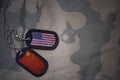 army blank, dog tag with flag of united states of america and china on the khaki texture background. Royalty Free Stock Photo