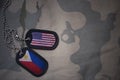 army blank, dog tag with flag of united states of america and philippines on the khaki texture background.