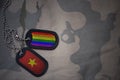 army blank, dog tag with flag of vietnam and gay rainbow flag on the khaki texture background.