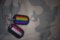 army blank, dog tag with flag of yemen and gay rainbow flag on the khaki texture background.