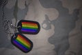 Army blank, dog tag with gay rainbow flag on the khaki texture background.