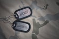 Army blank, dog tag with text secret mission on the khaki texture background.