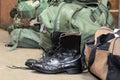 Army boots with duffle bag and dog tags Royalty Free Stock Photo