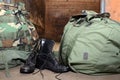 Army boots with duffle bag and dog tags Royalty Free Stock Photo