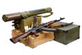 Army box of ammunition with AK47 rifle and ammunition. Text on ammunitions box in russian - cartridge type and caliber with lot Royalty Free Stock Photo