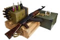 Army box of ammunition with AK47 rifle and ammunition. Text on ammunitions box in russian - cartridge type and caliber with lot Royalty Free Stock Photo