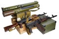 Army box of ammunition with AK47 rifle and ammunition. Text on ammunitions box in russian - cartridge type and caliber with lot Royalty Free Stock Photo