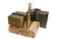 Army box of ammunition with rocket-propelled grenade. Text on ammunitions box in russian - cartridge type and caliber with lot Royalty Free Stock Photo