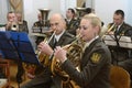 Army brass orchestra playing music during dance ball, celebration of graduating graduates of Ivan Bogun military lyceum