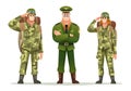 Army captain with man and woman soldiers carrying backpack character set Royalty Free Stock Photo