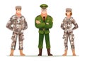 Army captain with man and woman soldiers cartoon character set