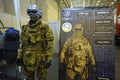 Army combat suit. Bulletproof, assault vest, helmet, first aid kit placed on a stand, made in Ukraine.