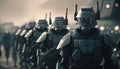 An army of cybernetic soldiers in formation, cinematic lighting