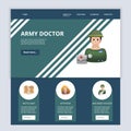 Army doctor flat landing page website template. Battle map, offensive, wounded soldier. Web banner with header, content