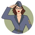 Army girl in retro comic style wearing glasses and soldiers uniform Royalty Free Stock Photo