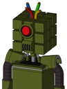 Army-Green Automaton With Cube Head And Speakers Mouth And Cyclops Eye And Wire Hair