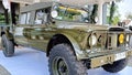 Batu City, Indonesia - November 2022 : Army Green Vintage Jeep Willys Truck Car Parked in Automotive Contest