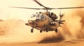 Army helicopter landing in desert with full of sand around, Military helicopter in active combat zone Royalty Free Stock Photo