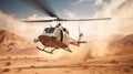 Army helicopter landing in desert with full of sand around, Military helicopter in active combat zone Royalty Free Stock Photo