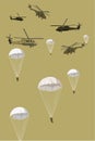 Army helicopter and parachutes icons set. Collection of civil and army military transport helicopters.