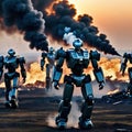 army of humanoid robots marching across a landscape