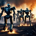army of humanoid robots marching across a landscape