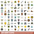 100 army icons set, flat style