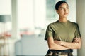 Army, idea and arms crossed with a woman soldier in uniform for safety, service or patriotism Military, thinking and a Royalty Free Stock Photo