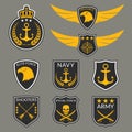 Army and Military badge and logo set. Air Force emblem with Wings and Eagle head. Navy labels with anchor. Military patches with s Royalty Free Stock Photo