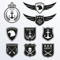 Army and Military badge and logo set. Air Force emblem with Wings and Eagle head. Navy labels with anchor. Military patches with s
